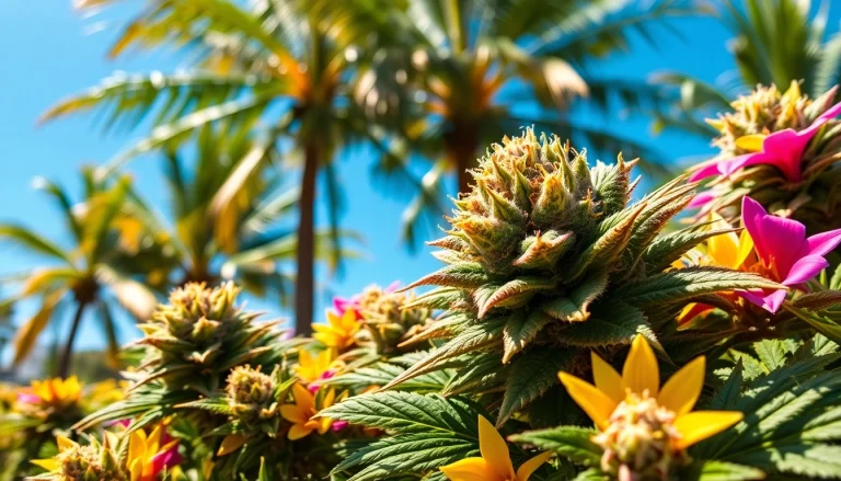 Experience the Miami Runtz strain with vibrant buds highlighted in a lush setting.