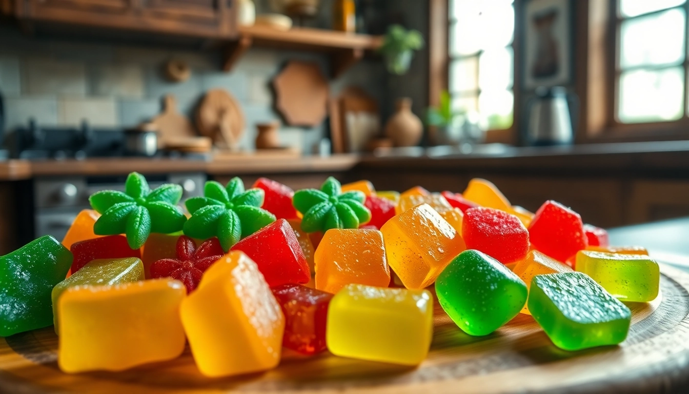 Delightful Weed Gummies in vibrant colors arranged on a wooden platter.