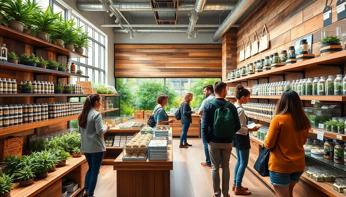 Engaging shopping scene in a vibrant Weed Store with diverse cannabis products.