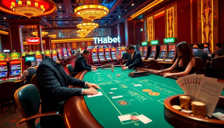 Players enjoying a vibrant casino experience featuring Thabet gaming elements, including blackjack and neon slots.