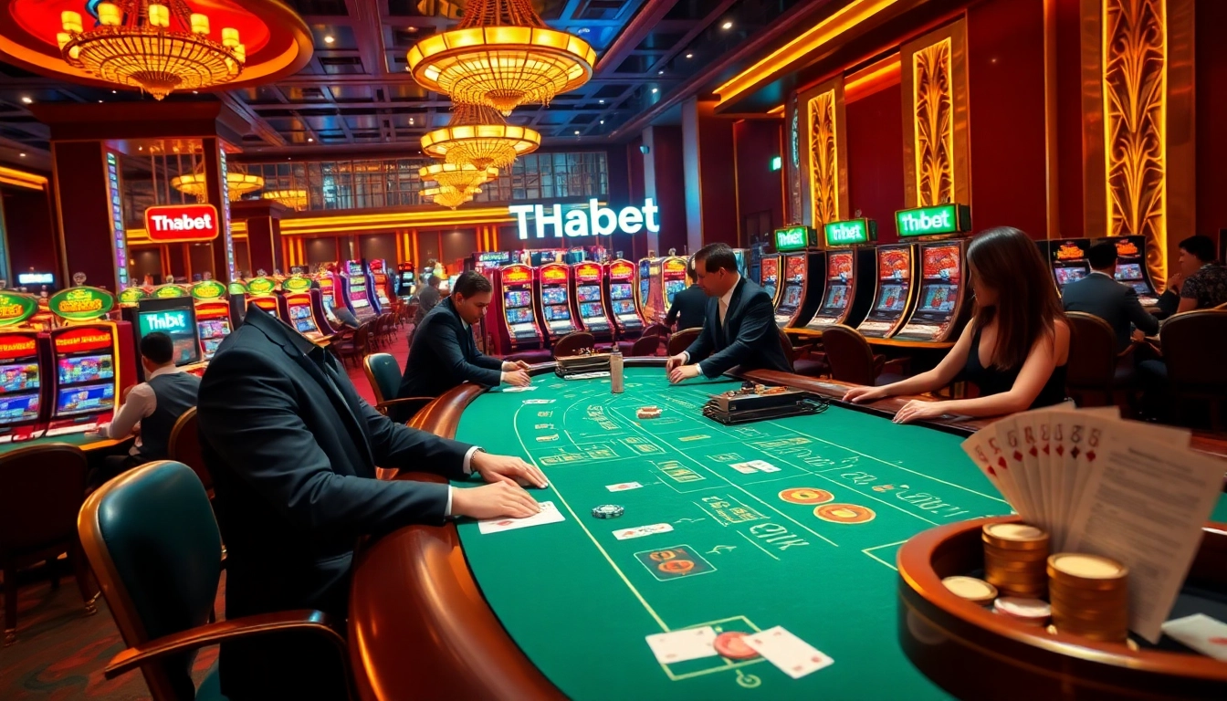 Players enjoying a vibrant casino experience featuring Thabet gaming elements, including blackjack and neon slots.