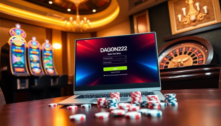 Login DRAGON222 on a luxurious online casino interface with vibrant slot machines and poker chips.