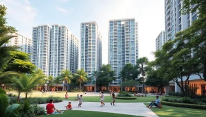 View of the tampines ec highlighting modern condominiums amidst green spaces and vibrant outdoor areas.