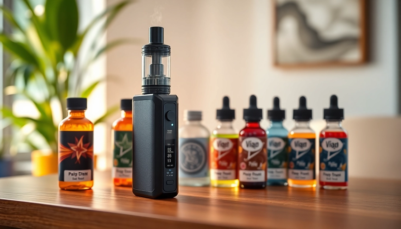 Engaging display of Vape & E-Liquids highlighted by colorful bottles and sleek device in a stylish setting.