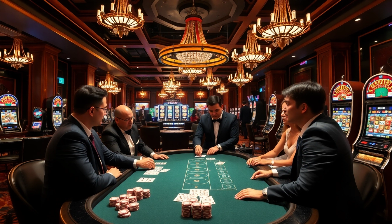 A dynamic casino scene depicting a migration lawyer sydney assisting clients, surrounded by poker tables and vibrant gaming action.