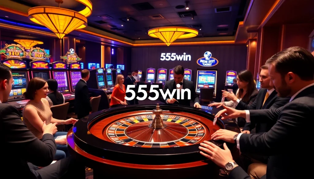 Players enjoying an exciting game at 555win casino with roulette and vibrant slot machines.