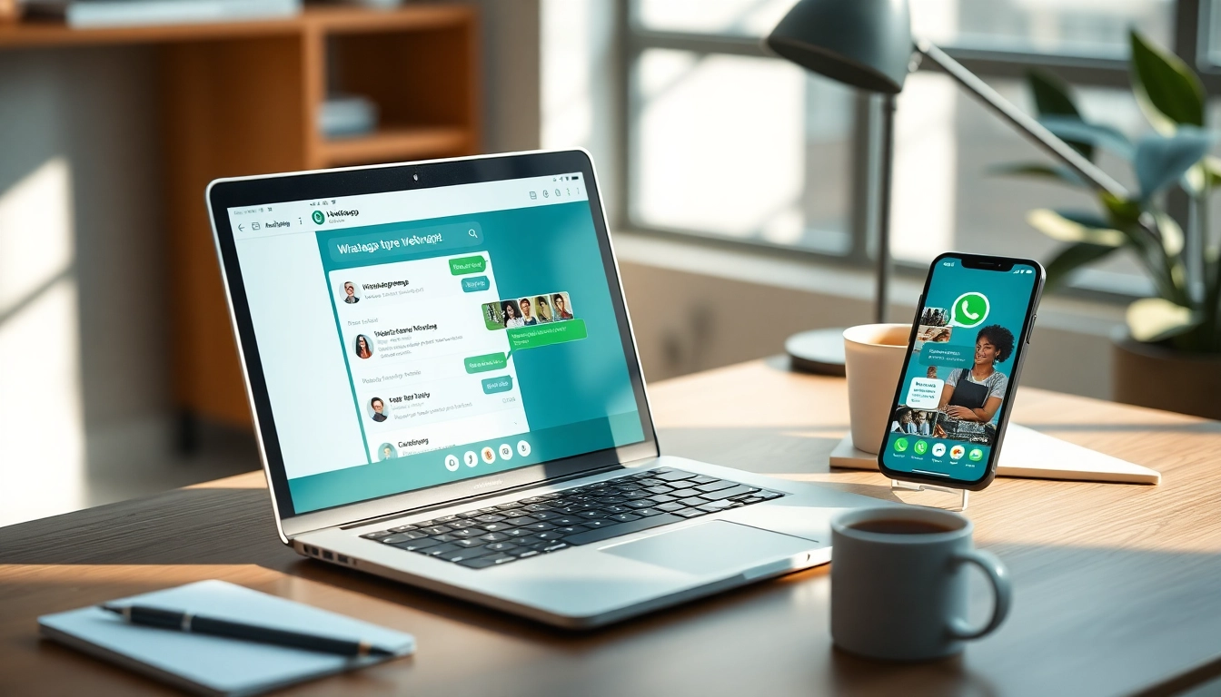 在搭载快连官网品牌标识的笔记本上显示的 WhatsApp Web 界面，展示消息功能。