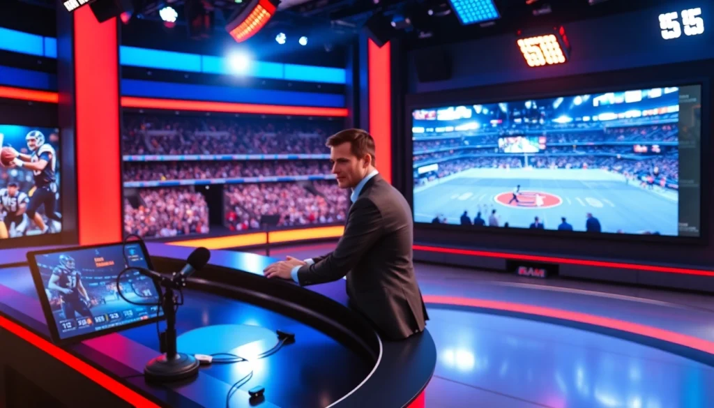 Sports Broadcasting anchor presenting live coverage in a modern studio with vivid displays.