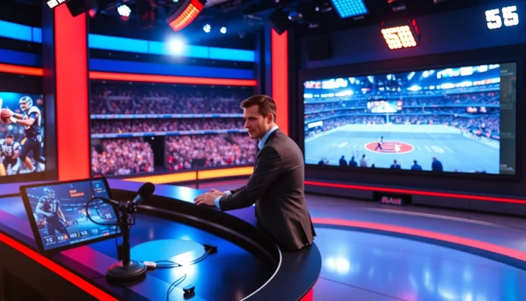 Sports Broadcasting anchor presenting live coverage in a modern studio with vivid displays.