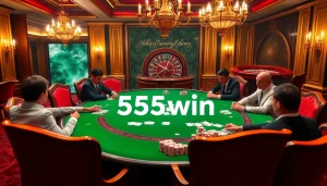 Experience the thrill of 555win as players engage in high-stakes poker in a luxurious casino setting.