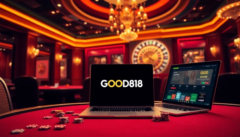 Experience the thrill of online gambling at GOOD88 with vibrant casino elements and professional gaming atmosphere.