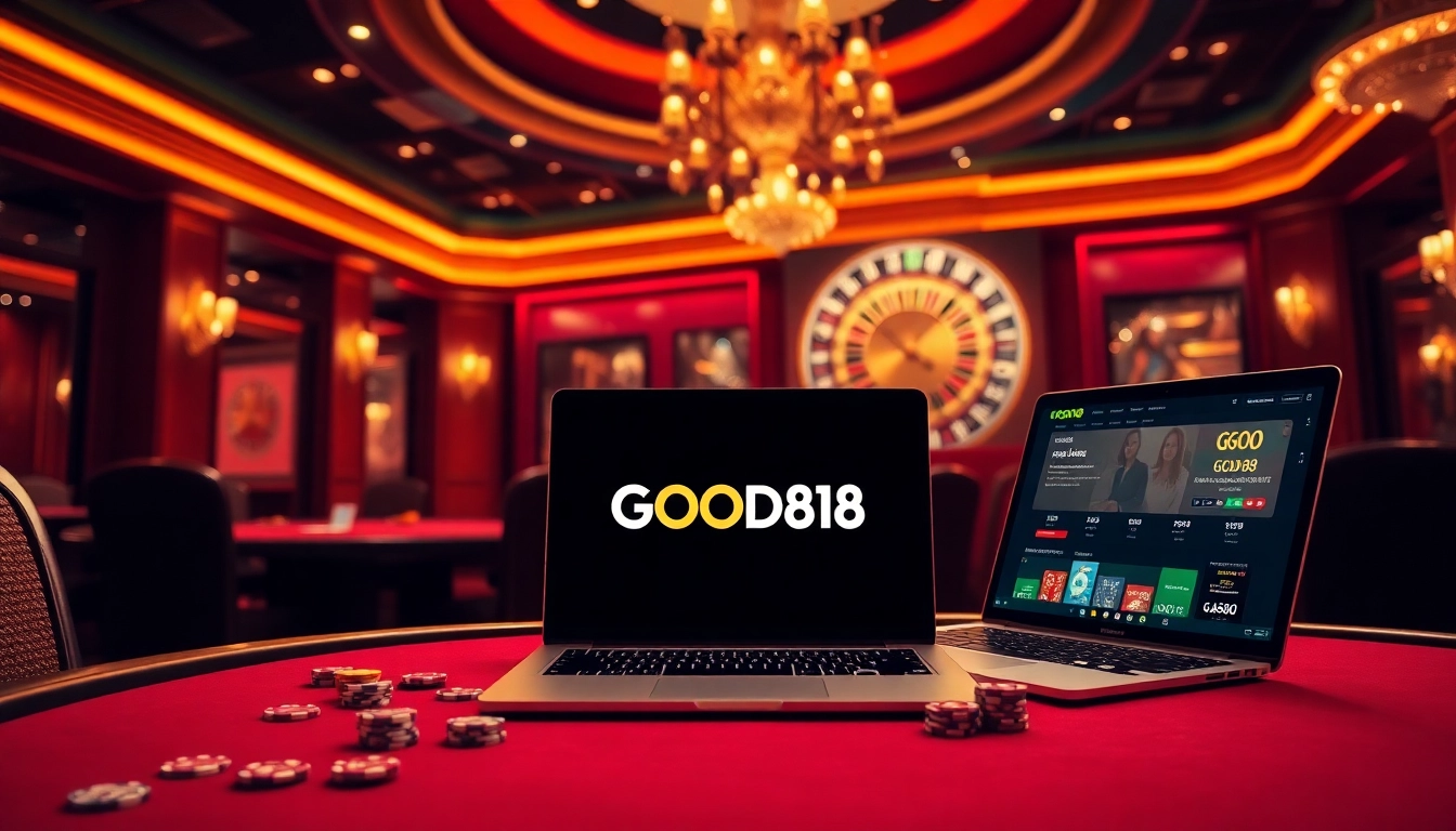 Experience the thrill of online gambling at GOOD88 with vibrant casino elements and professional gaming atmosphere.