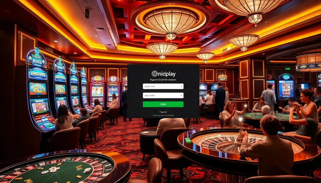 Players enjoying the excitement of online slots with the onicplay login interface in a vibrant casino atmosphere.