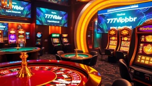 Players enjoying exciting games at 777VIP online casino, showcasing poker chips and vibrant slot machines.