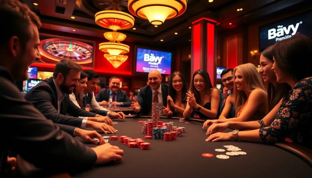 Bayvip players enjoying a thrilling poker game with vibrant casino atmosphere