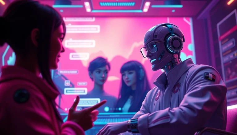 Engaging nsfw character ai interaction within a vibrant virtual chat environment, showcasing AI characters and dynamic exchanges.