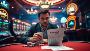 Exciting gameplay at a casino table showcasing Nowgoal bóng đá betting slips amidst vibrant gambling machines.