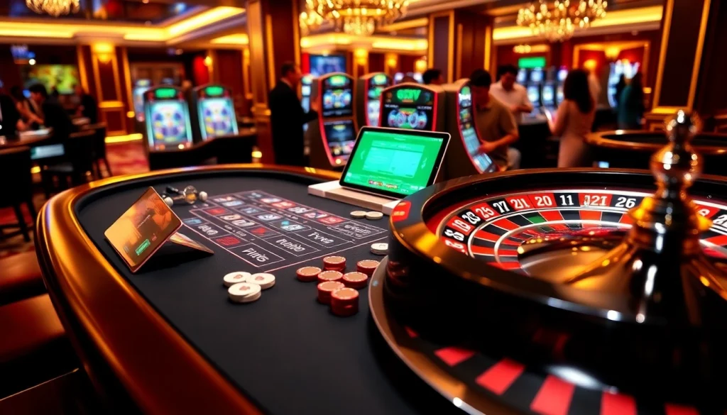 Players enjoying a thrilling game at the 88vv casino with vibrant tables and slot machines.