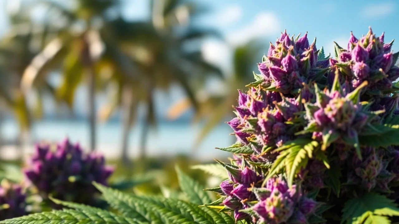 Miami Runtz strain highlighted in vibrant color with a smooth texture against a Miami skyline.