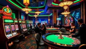 A lively casino scene showcasing 8day players at glamorous tables and vibrant slot machines.