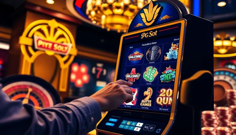 Player engaging with a PG slot demo on a modern slot machine in a vibrant casino scene.