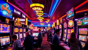 เล่นเกม PlayMe8 บนเครื่องสล็อตที่มีแสงไฟสว่างสดใสและผู้เล่นที่สนุกสนาน