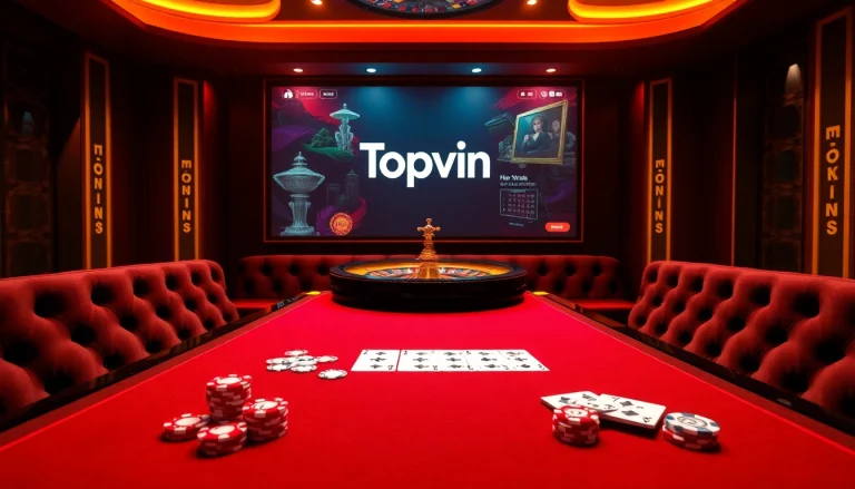 Topvin casino scene showcasing poker chips, playing cards, and a roulette wheel in an elegant setting.